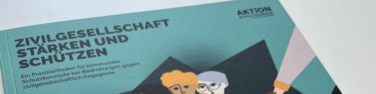 KI generiert: Das Bild zeigt das Cover eines Buches oder einer Broschüre mit dem Titel "Zivilgesellschaft stärken und schützen". Der Hauptinhalt scheint ein Praxisleitfaden für kommunale Schutzkonzepte bei Bedrohungen gegen zivilgesellschaftlich Engagierte zu sein.