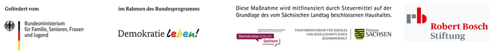 KI generiert: Das Bild zeigt die Logos und Namen mehrerer Institutionen und Programme, darunter das Bundesministerium für Familie, Senioren, Frauen und Jugend, das Bundesprogramm "Demokratie leben!", die Sächsische Landesstiftung und die Robert Bosch Stiftung. Der Hauptinhalt des Bildes ist die Darstellung von Förderern und Partnern, die eine Maßnahme im Rahmen des Bundesprogramms "Demokratie leben!" finanzieren.
