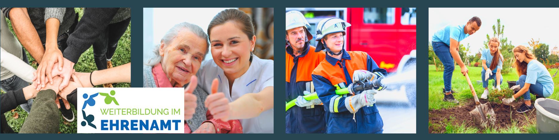 KI generiert: Das Bild zeigt eine Collage mit verschiedenen Szenen, die Weiterbildung und Ehrenamt thematisieren. Es sind Menschen in unterschiedlichen Situationen zu sehen, wie z.B. Teamarbeit, Pflege, Feuerwehr und Umweltarbeit, begleitet vom Text "Weiterbildung im Ehrenamt".