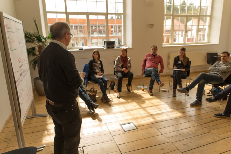 KI generiert: Das Bild zeigt eine kleine Gruppe von Personen, die in einem hellen Raum mit großen Fenstern an einer Präsentation oder einem Workshop teilnehmen. Ein Mann steht vor einem Whiteboard und hält einen Vortrag, während die anderen auf Stühlen sitzen und zuhören.