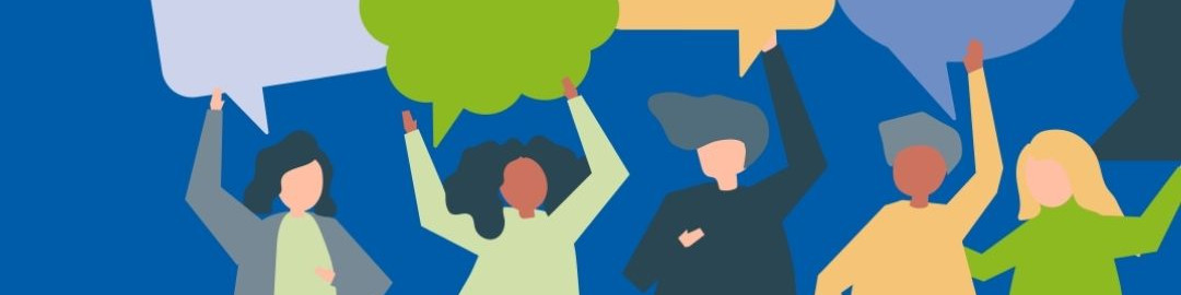 KI generiert: Das Bild zeigt eine Gruppe von fünf stilisierten Personen, die ihre Hände hochhalten und bunte Sprechblasen in verschiedenen Formen und Größen halten. Der Hauptinhalt des Bildes ist eine Darstellung von Menschen, die sich aktiv an einer Diskussion oder einem Austausch von Ideen beteiligen.