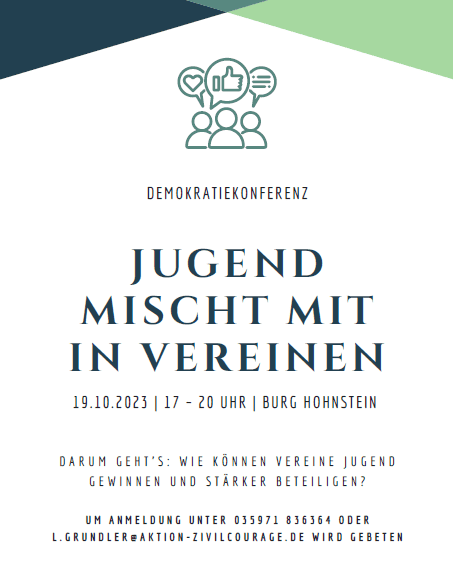 KI generiert: Das Bild ist ein Plakat für die Demokratiekonferenz mit dem Titel "Jugend mischt mit in Vereinen", die am 19.10.2023 von 17 bis 20 Uhr in Burg Hohnstein stattfindet. Der Hauptinhalt des Plakats ist die Einladung zur Teilnahme und Diskussion darüber, wie Vereine Jugendliche gewinnen und stärker beteiligen können.