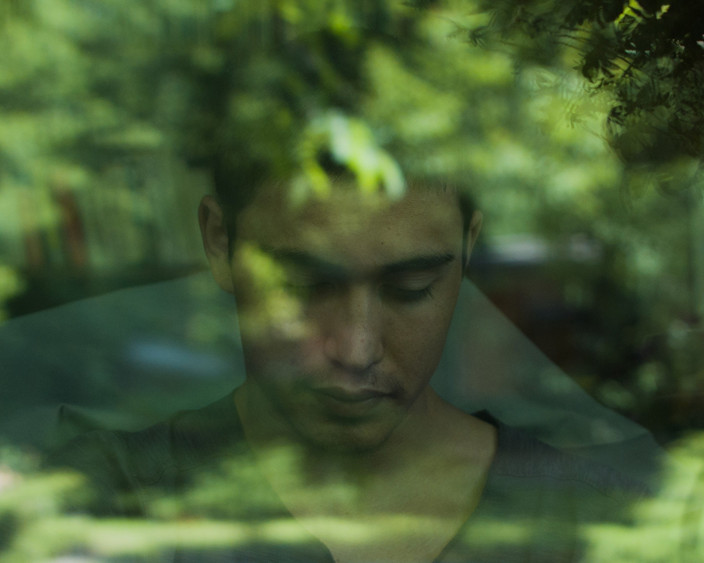 KI generiert: Das Bild zeigt eine Person mit einem neutralen Gesichtsausdruck, die durch eine Glasfläche oder ein Fenster zu sehen ist. Im Hintergrund sind verschwommene grüne Bäume und eine unscharfe Landschaft zu erkennen.