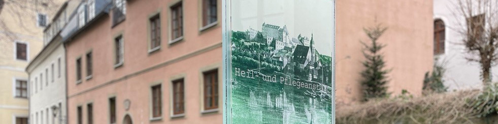 KI generiert: Das Bild zeigt eine Collage aus drei verschiedenen Ansichten: Einem mehrstöckigen Gebäude mit vielen Fenstern, einer Glasfläche mit der Aufschrift "Herr- und Pflegeanstalt" und einem Ausschnitt eines Turms mit Bäumen im Vordergrund. Der Hauptinhalt des Bildes scheint sich auf historische oder institutionelle Gebäude zu beziehen.
