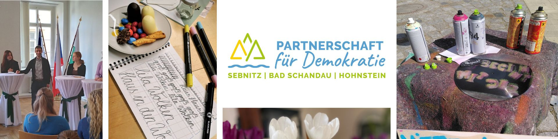 KI generiert: Das Bild ist eine Collage, die verschiedene Aktivitäten und Symbole zeigt, darunter eine Versammlung oder Konferenz, handschriftliche Notizen und Kunstmaterialien wie Spraydosen. Der Hauptinhalt ist die Bewerbung der "Partnerschaft für Demokratie" in Sebnitz, Bad Schandau und Hohnstein.