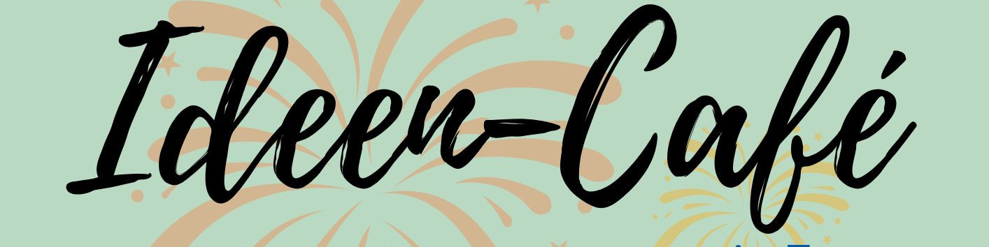 KI generiert: Das Bild zeigt den Schriftzug "Ideen-Café" in einer kreativen, handschriftlichen Schriftart auf einem hellgrünen Hintergrund mit farbenfrohen, abstrakten Pinselstrichen. Der Hauptinhalt des Bildes ist der Name "Ideen-Café", der im Mittelpunkt steht.