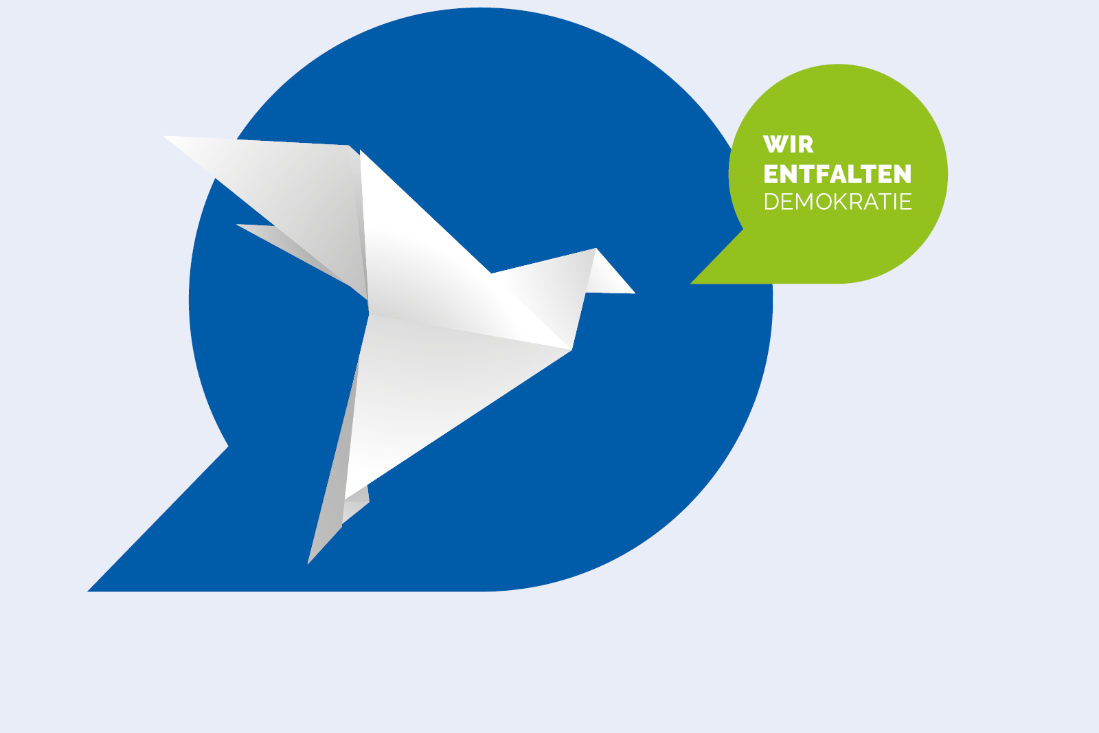 KI generiert: Das Bild zeigt ein weißes Origami-Vogel-Symbol auf einem blauen Hintergrund mit einer grünen Sprechblase, die den Text "Wir entfalten Demokratie" enthält. Der Hauptinhalt des Bildes ist die symbolische Darstellung von Demokratie durch den Origami-Vogel und den begleitenden Text.