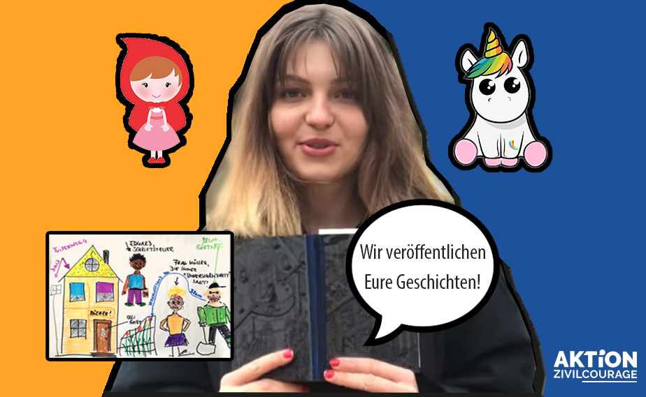 KI generiert: Das Bild zeigt eine Person, die ein Buch mit dem Titel "Wir veröffentlichen Eure Geschichten!" präsentiert, umgeben von kindlichen Zeichnungen und Illustrationen wie einem Haus, einer Figur in rotem Umhang und einem Einhorn. Der Hauptinhalt des Bildes ist die Förderung von Kinderbeiträgen durch die Aktion Zivilcourage.