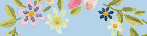 KI generiert: Das Bild zeigt eine farbenfrohe, illustrierte Ansammlung von Blumen und Blättern auf einem hellblauen Hintergrund. Der Hauptinhalt sind die verschiedenen Blumen in Pastellfarben und die grünen Blätter.