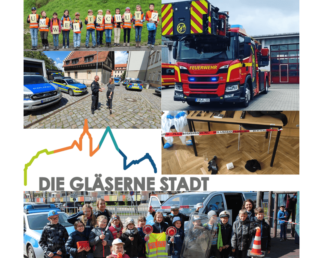 KI generiert: Das Bild ist ein Collage aus mehreren Fotos, die verschiedene Aktivitäten und Szenen in der Stadt "Die Gläserne Stadt" zeigen. Es sind Bilder von Kindern in Sicherheitswesten, einem Feuerwehrauto, einer Polizeistation, einem abgesperrten Bereich und einer Gruppe von Kindern und Erwachsenen mit einem Polizeiauto zu sehen.