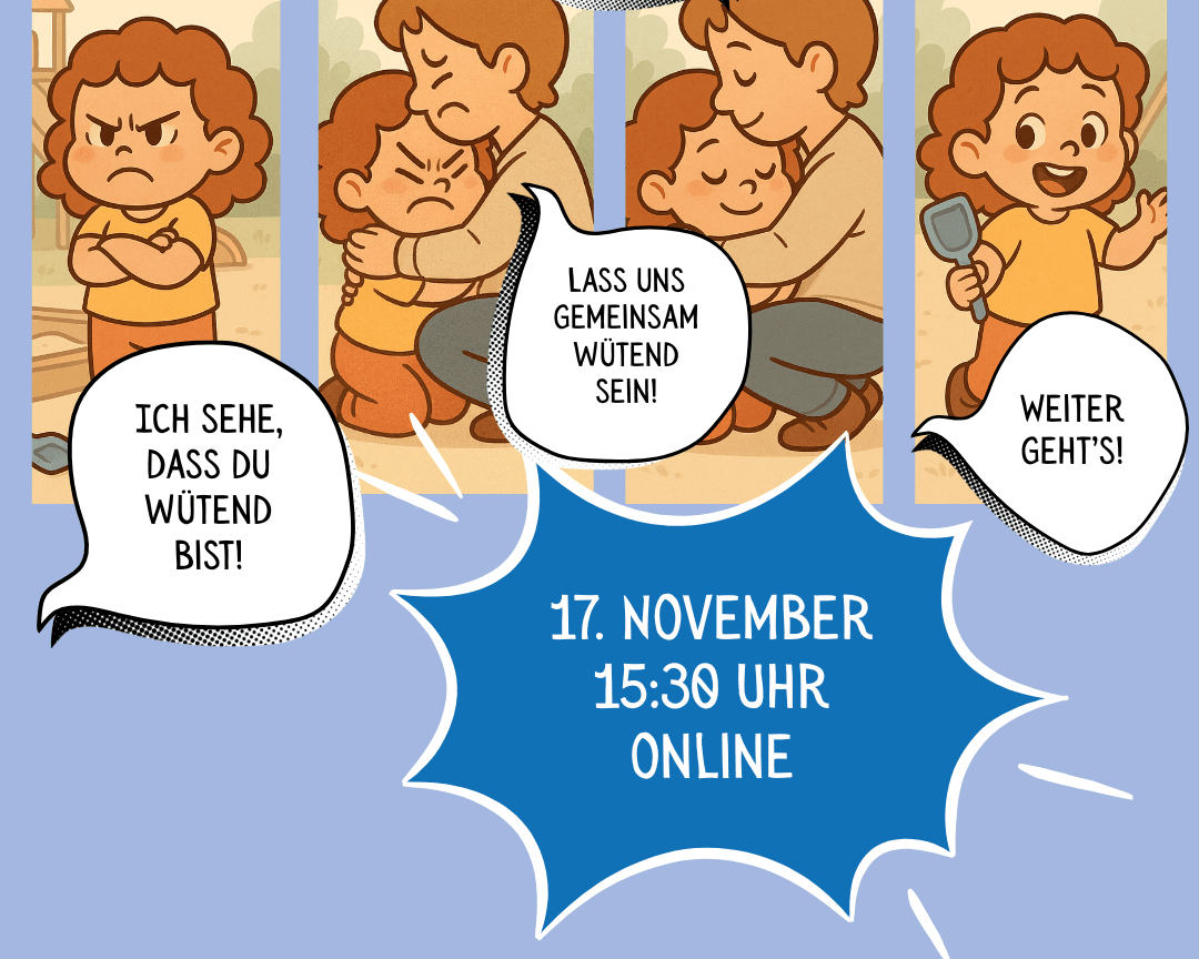 KI generiert: Das Bild zeigt eine Comic-Darstellung von zwei Kindern, die zunächst wütend sind, sich dann umarmen und schließlich gemeinsam spielen. Der Hauptinhalt ist die Ankündigung eines Online-Events am 17. November um 15:30 Uhr.