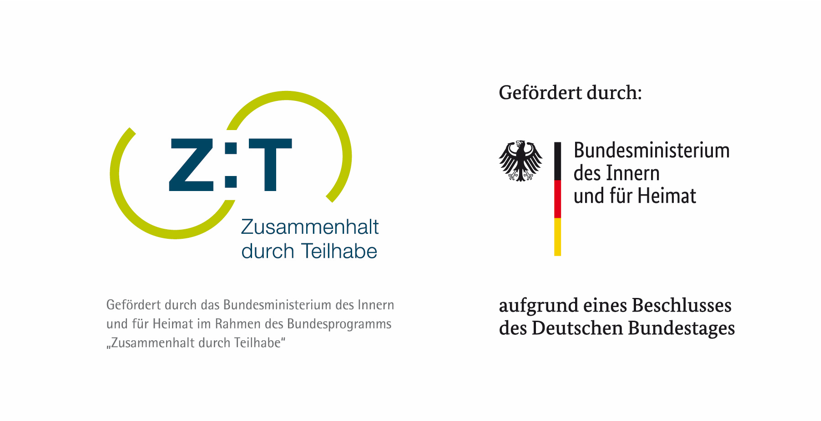 KI generiert: Das Bild zeigt die Logos und Informationen über das Programm "Zusammenhalt durch Teilhabe" (Z:T), das vom Bundesministerium des Innern und für Heimat gefördert wird. Es handelt sich um ein Bundesprogramm, das auf einem Beschluss des Deutschen Bundestages basiert.