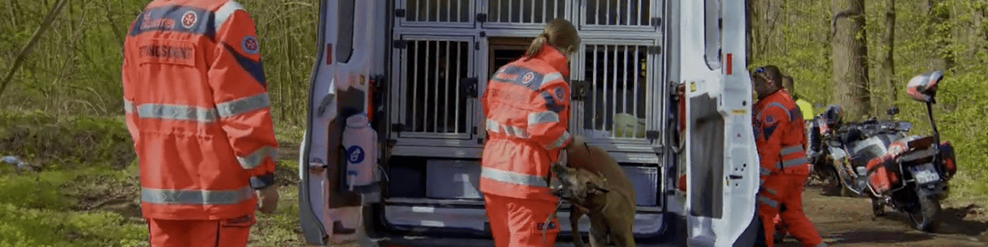 KI generiert: Das Bild zeigt mehrere Personen in orangefarbenen Einsatzanzügen, die einen Hund in einen Transportkäfig in einem Fahrzeug setzen. Im Hintergrund sind ein Wald und ein Motorrad zu sehen.