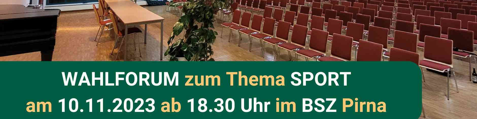 KI generiert: Das Bild zeigt einen leeren Veranstaltungsraum mit vielen Stühlen, Tischen und einer Pflanze. Der Hauptinhalt ist die Ankündigung eines Wahlforums zum Thema Sport am 10.11.2023 um 18:30 Uhr im BSZ Pirna.
