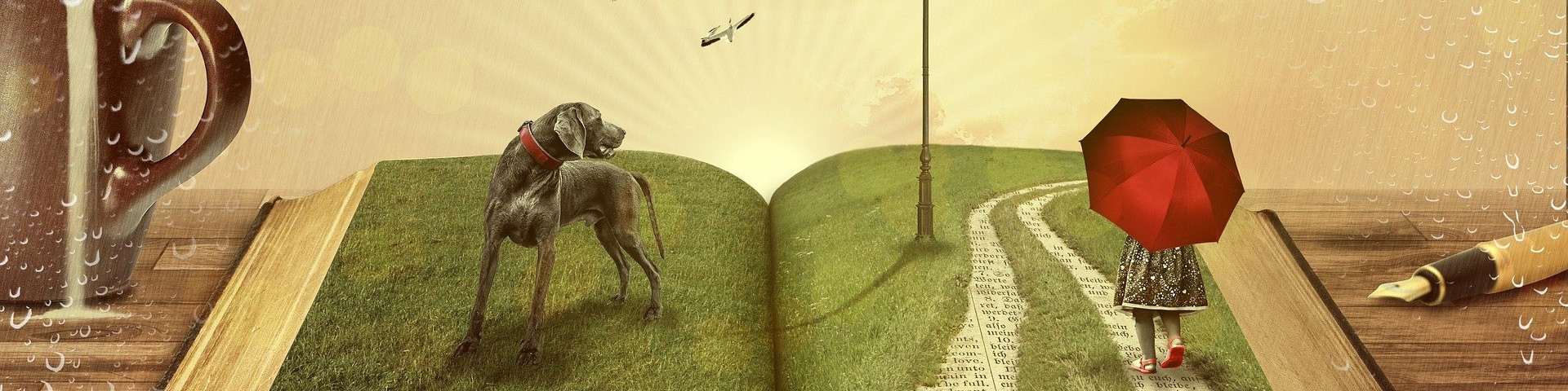 KI generiert: Das Bild zeigt ein offenes Buch, in dem eine surrealistische Landschaft dargestellt ist: Ein großer Hund steht auf einer grünen Wiese, während auf der gegenüberliegenden Seite ein Mädchen mit einem roten Regenschirm einen Pfad entlanggeht. Der Hauptinhalt des Bildes ist die fantasievolle Darstellung einer Geschichte innerhalb der Seiten eines Buches.