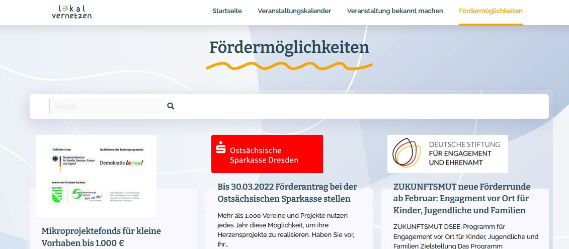 KI generiert: Das Bild zeigt die Website "lokal vernetzen" mit dem Fokus auf Fördermöglichkeiten. Es werden verschiedene Förderprogramme und Initiativen vorgestellt, darunter der Mikroprojektefonds für kleine Vorhaben bis 1.000 €, die Ostsächsische Sparkasse Dresden und die Deutsche Stiftung für Engagement und Ehrenamt.