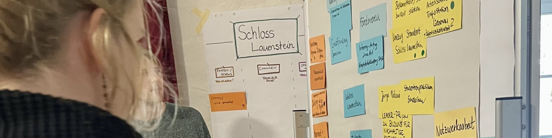 KI generiert: Das Bild zeigt eine Person, die eine Pinnwand mit verschiedenen Notizen und einem zentralen Blatt betrachtet, auf dem "Schloss Lauenstein" steht. Der Hauptinhalt des Bildes ist die Planung oder Organisation von Informationen, möglicherweise für ein Projekt oder eine Präsentation.