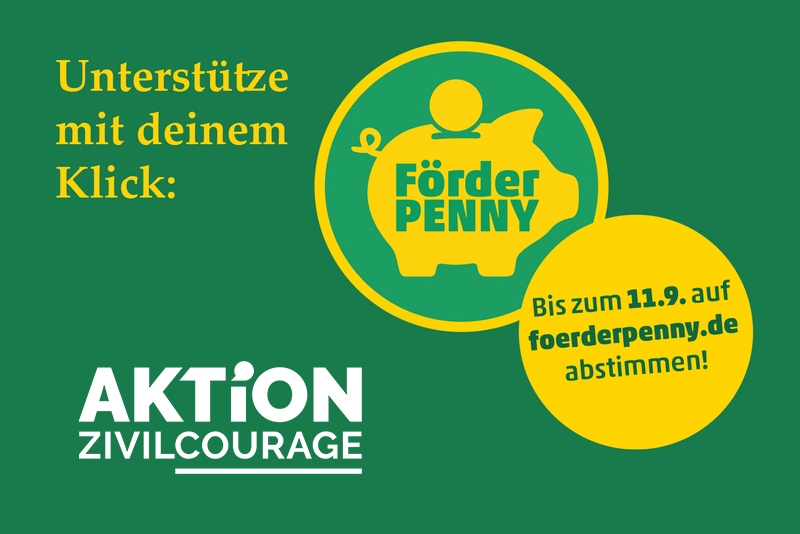 KI generiert: Das Bild ist eine Werbung der "Aktion Zivilcourage" und fördert die Abstimmung für das Projekt "Förderpenny" bis zum 11. September auf der Website foerderpenny.de. Der Hauptinhalt ist die Aufforderung, mit einem Klick zu unterstützen und an der Abstimmung teilzunehmen.
