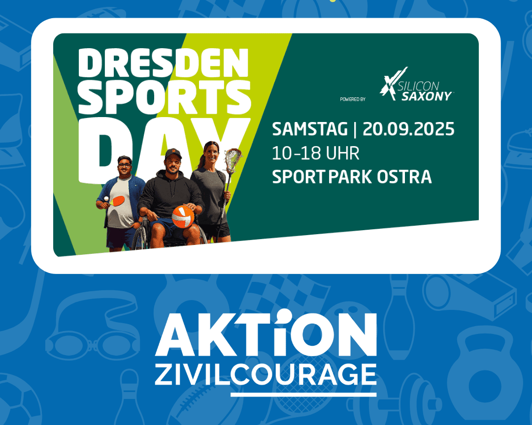 KI generiert: Das Bild wirbt für den "Dresden Sports Day", der am Samstag, den 20. September 2025, von 10 bis 18 Uhr im Sportpark Ostra stattfindet. Der Hauptinhalt ist die Ankündigung dieses Sportevents, das von Silicon Saxony unterstützt wird und Teil der Aktion Zivilcourage ist.