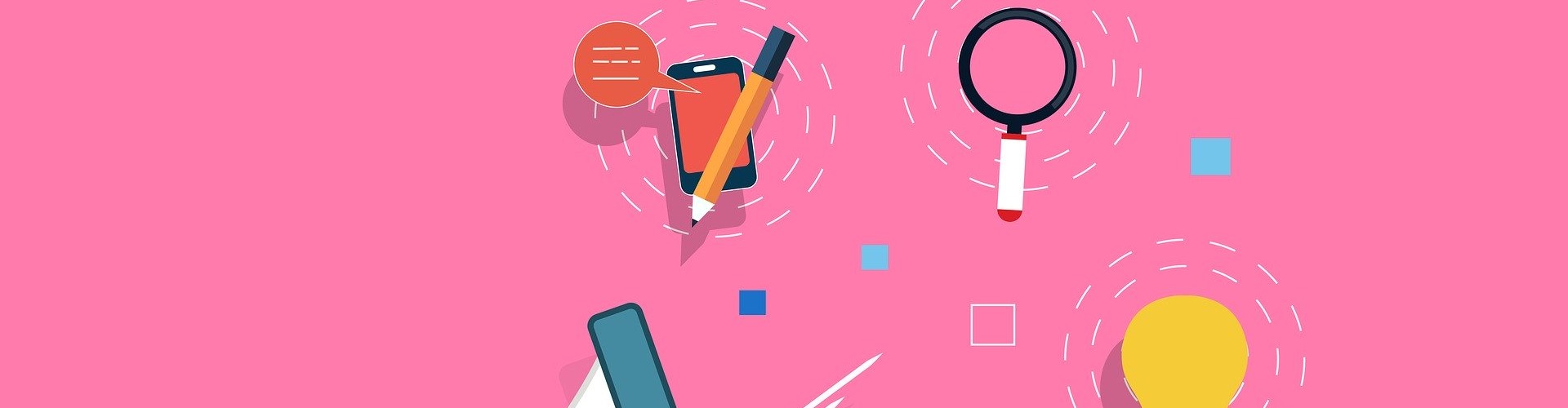 KI generiert: Das Bild zeigt eine Illustration mit verschiedenen Büro- und Kommunikationsutensilien wie einem Smartphone, Bleistift und einer Lupe auf einem pinken Hintergrund. Es vermittelt einen kreativen und modernen Bürostil.