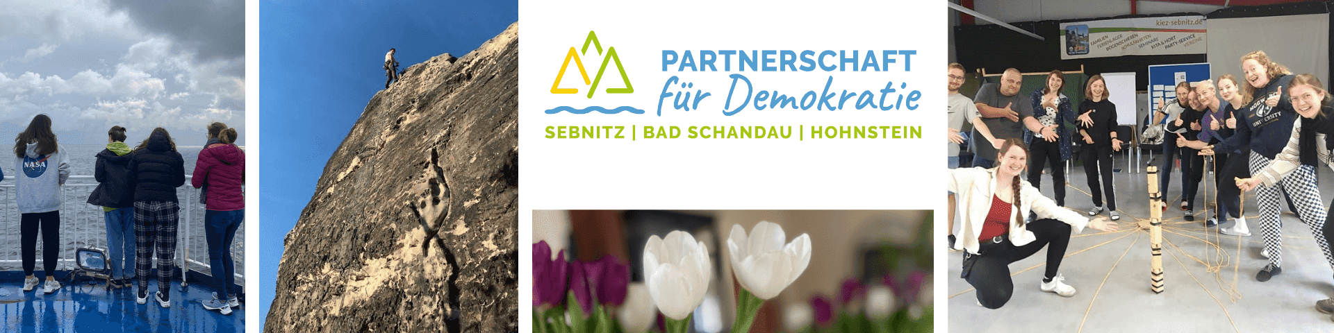 KI generiert: Das Bild ist ein Collage aus mehreren Fotos, die verschiedene Aktivitäten und Szenen zeigen, darunter eine Gruppe von Personen auf einer Aussichtsplattform, eine Person beim Klettern, Blumen und eine Gruppe von Menschen in einem Innenraum. Der Hauptinhalt des Bildes ist die Werbung für die "Partnerschaft für Demokratie" in Sebnitz, Bad Schandau und Hohnstein.