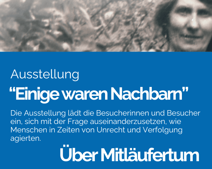 KI generiert: Das Bild zeigt eine Ausstellung mit dem Titel "Einige waren Nachbam". Der Hauptinhalt der Ausstellung ist die Auseinandersetzung der Besucherinnen und Besucher mit der Frage, wie Menschen in Zeiten von Unrecht und Verfolgung handeln.