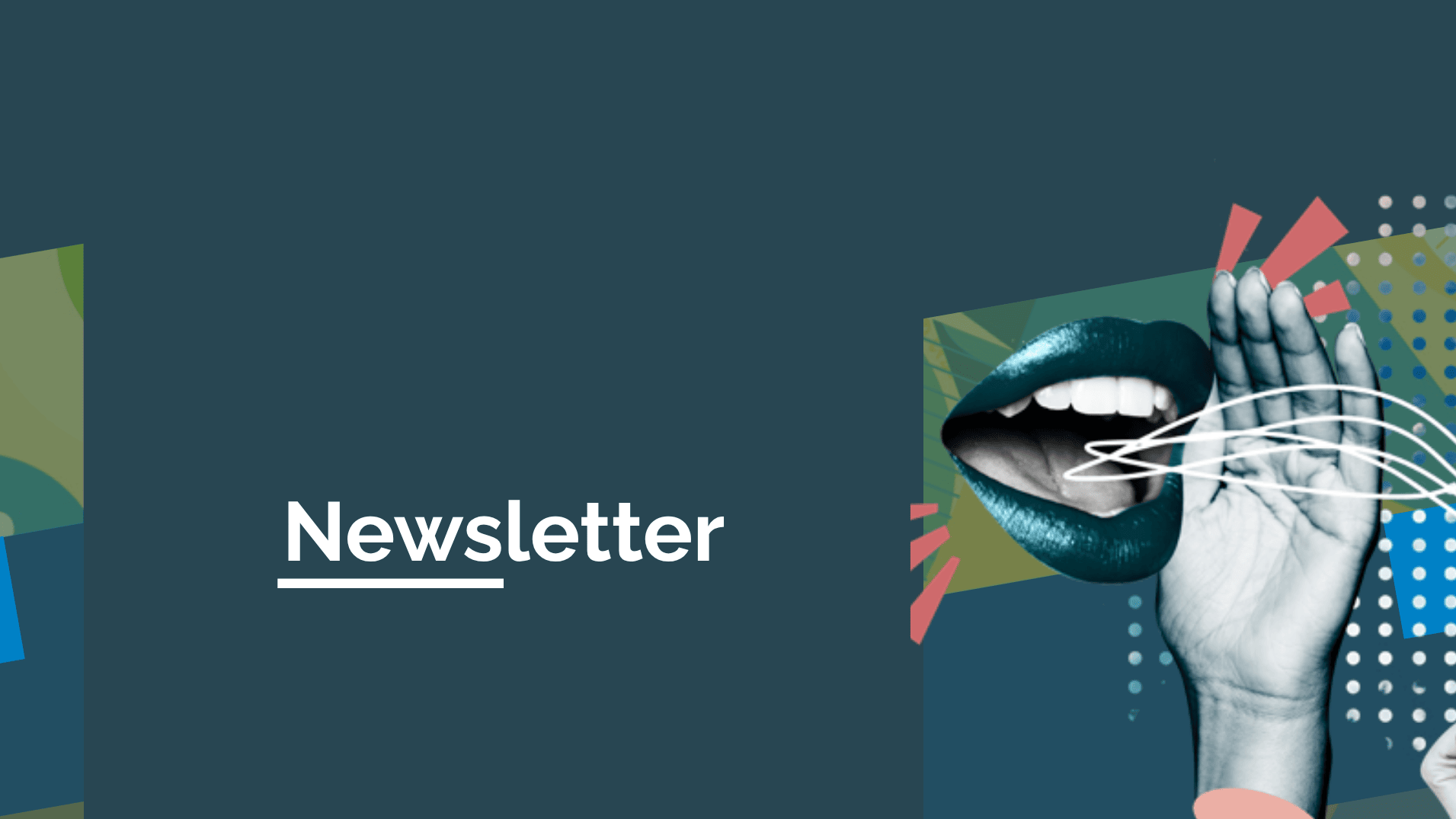 KI generiert: Das Bild zeigt eine grafische Darstellung mit dem Wort "Newsletter" in weißer Schrift auf blauem Hintergrund. Im Hintergrund sind abstrakte Elemente wie ein Mund mit blauen Lippen und eine Hand mit weißen Linien zu sehen.