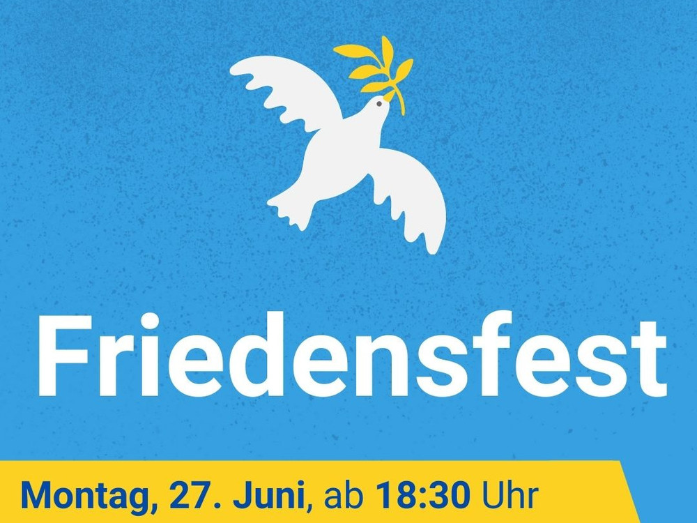 KI generiert: Das Bild zeigt eine Ankündigung für ein Friedensfest, das am Montag, den 27. Juni, ab 18:30 Uhr auf dem Pirnaer Marktplatz stattfindet. Im Bild ist auch eine weiße Taube mit einem gelben Zweig im Schnabel zu sehen, die als Symbol für Frieden steht.