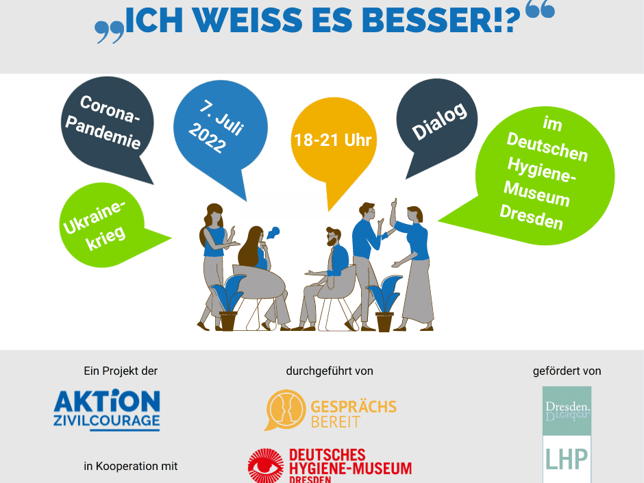 KI generiert: Das Bild zeigt eine Ankündigung für eine Veranstaltung am 7. Juli 2022 von 18-21 Uhr im Deutschen Hygiene-Museum Dresden. Der Hauptinhalt ist ein Dialog über die Themen Coronavirus-Pandemie und Ukraine-Krieg.