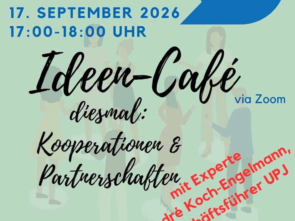 KI generiert: Das Bild zeigt den Text "Ideen-Café" in handschriftlicher Schrift auf einem hellgrünen Hintergrund mit schemenhaften, blassen Figuren im Hintergrund. Der Hauptinhalt des Bildes ist die Ankündigung oder Werbung für ein "Ideen-Café", das über Zoom stattfindet.