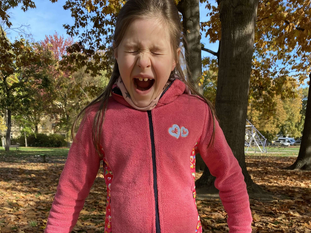 KI generiert: Das Bild zeigt eine Person von hinten, die eine pinkfarbene Jacke mit bunten Mustern auf den Ärmeln und eine helle Bluse trägt, während sie auf einem Boden voller herbstlicher Blätter steht. Der Hauptinhalt des Bildes ist die Kleidung der Person und die herbstliche Umgebung.