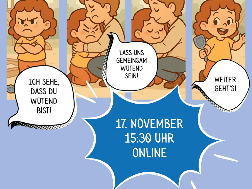 KI generiert: Das Bild zeigt eine Comic-Darstellung von zwei Kindern, die zunächst wütend sind, sich dann umarmen und schließlich gemeinsam spielen. Der Hauptinhalt ist die Ankündigung eines Online-Events am 17. November um 15:30 Uhr.