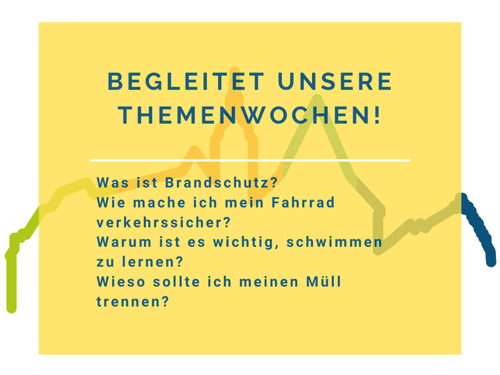 KI generiert: Das Bild zeigt einen gelben Hintergrund mit dem Text "BEGLEITET UNSERE THEMENWOCHEN!" in blauer Schrift. Im unteren Teil des Bildes sind bunte, abstrakte Formen zu sehen.
