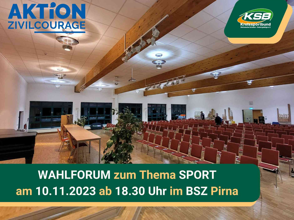 KI generiert: Das Bild zeigt einen leeren Veranstaltungsraum mit vielen Stühlen, Tischen und einer Pflanze. Der Hauptinhalt ist die Ankündigung eines Wahlforums zum Thema Sport am 10.11.2023 um 18:30 Uhr im BSZ Pirna.