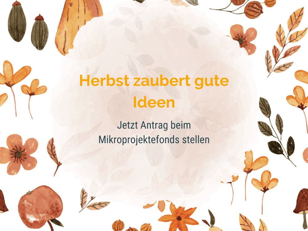 KI generiert: Das Bild enthält den Text "Herbst zaubert gute Ideen. Jetzt Antrag beim Mikroprojektefonds stellen" und ist mit herbstlichen Blättern in Orange und Grün verziert. Der Hauptinhalt des Bildes ist die Aufforderung, Anträge für den Mikroprojektefonds einzureichen.