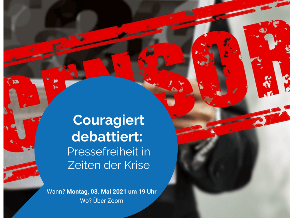 KI generiert: Das Bild zeigt einen Mann in einem Anzug, der vor einem Hintergrund mit roten und weißen Streifen steht. Im Vordergrund befindet sich ein blauer Kreis mit weißer Schrift, die den Text "Couragiert debattiert: Pressefreiheit in Zeiten der Krise" enthält. Der Hauptinhalt des Bildes ist die Betonung der Bedeutung von mutigen Debatten über Pressefreiheit in Krisenzeiten.