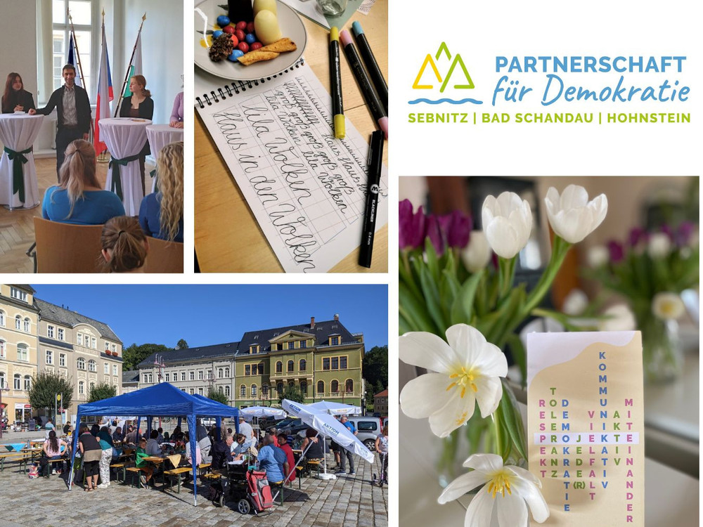 KI generiert: Das Bild ist eine Collage, die verschiedene Aktivitäten und Symbole zeigt, darunter eine Versammlung oder Konferenz, handschriftliche Notizen und Kunstmaterialien wie Spraydosen. Der Hauptinhalt ist die Bewerbung der "Partnerschaft für Demokratie" in Sebnitz, Bad Schandau und Hohnstein.