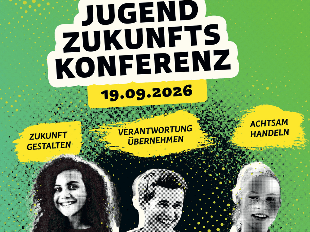 KI generiert: Das Bild zeigt ein Werbeplakat für die "Jugend Zukunfts Konferenz", die am 19.09.2026 stattfindet. Der Hintergrund ist grün mit gelben und schwarzen Akzenten, und der Text ist in einem auffälligen, modernen Design gestaltet.