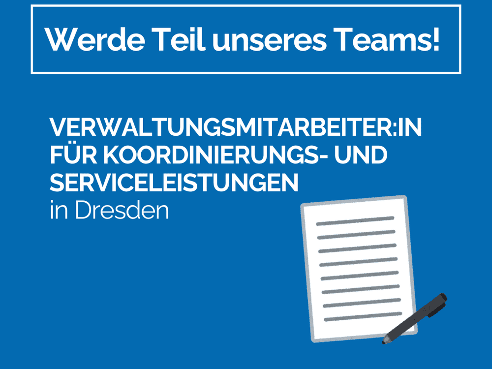 KI generiert: Das Bild zeigt einen blauen Hintergrund mit einem weißen, rechteckigen Rahmen in der Mitte. Im Rahmen steht der Text "Werde Teil unseres Teams!" in weißer Schrift.