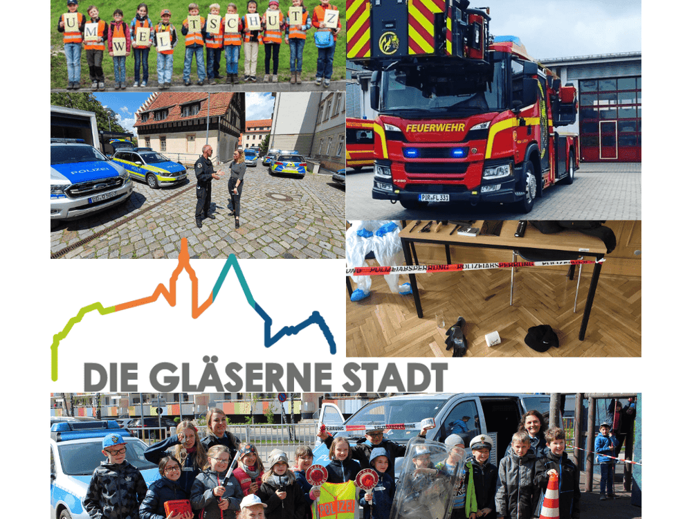 KI generiert: Das Bild ist ein Collage aus mehreren Fotos, die verschiedene Aktivitäten und Szenen in der Stadt "Die Gläserne Stadt" zeigen. Es sind Bilder von Kindern in Sicherheitswesten, einem Feuerwehrauto, einer Polizeistation, einem abgesperrten Bereich und einer Gruppe von Kindern und Erwachsenen mit einem Polizeiauto zu sehen.