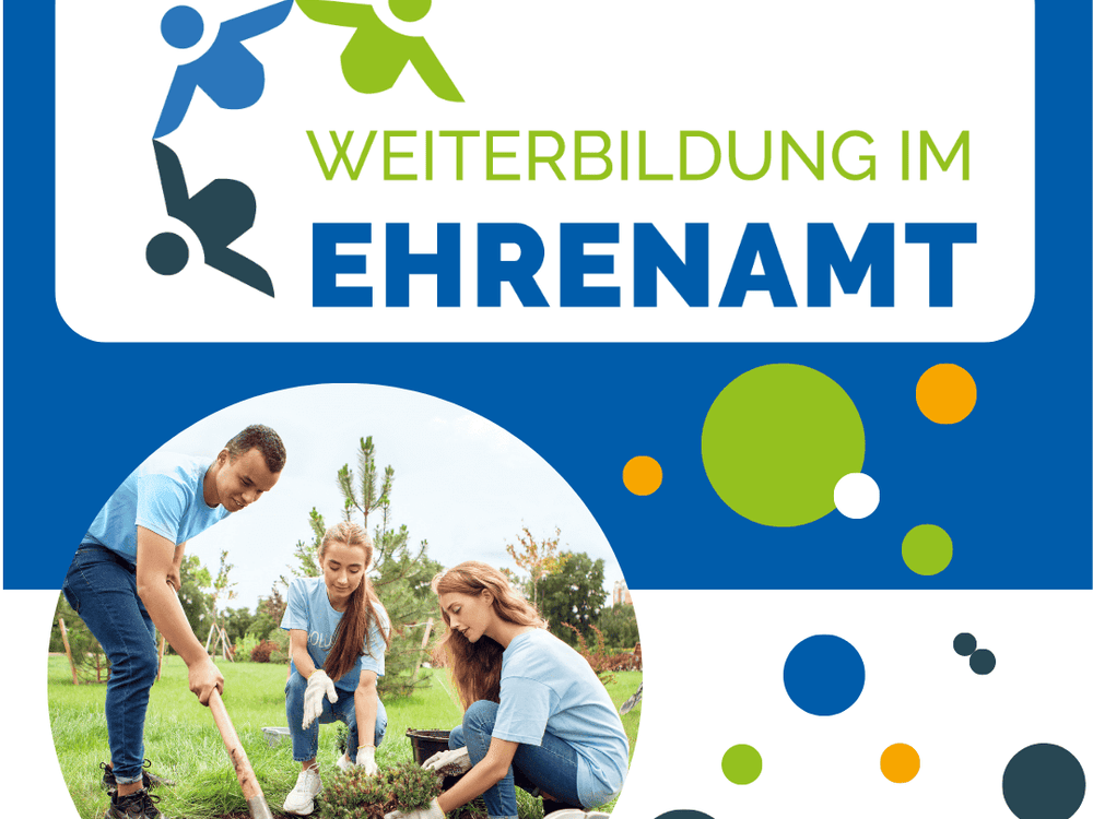 KI generiert: Das Bild zeigt eine Collage mit verschiedenen Szenen, die Weiterbildung und Ehrenamt thematisieren. Es sind Menschen in unterschiedlichen Situationen zu sehen, wie z.B. Teamarbeit, Pflege, Feuerwehr und Umweltarbeit, begleitet vom Text "Weiterbildung im Ehrenamt".