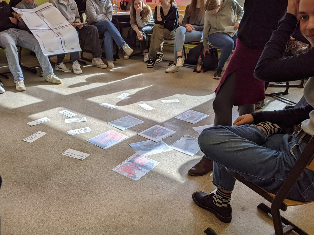 KI generiert: Das Bild zeigt eine Gruppe von Personen, die im Kreis auf dem Boden sitzen und verschiedene Bilder oder Karten betrachten. Der Hauptinhalt des Bildes ist eine interaktive Aktivität oder ein Workshop, bei dem die Teilnehmer gemeinsam etwas analysieren oder diskutieren.