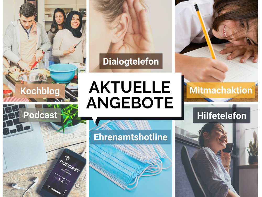 KI generiert: Das Bild zeigt eine Collage mit verschiedenen aktuellen Angeboten, darunter Dialogtelefon, Mitmachaktion, Hilfetelefon, Ehrenamtshotline, Kochblog und Podcast. Der Hauptinhalt des Bildes ist die Präsentation dieser verschiedenen Dienstleistungen und Aktivitäten.
