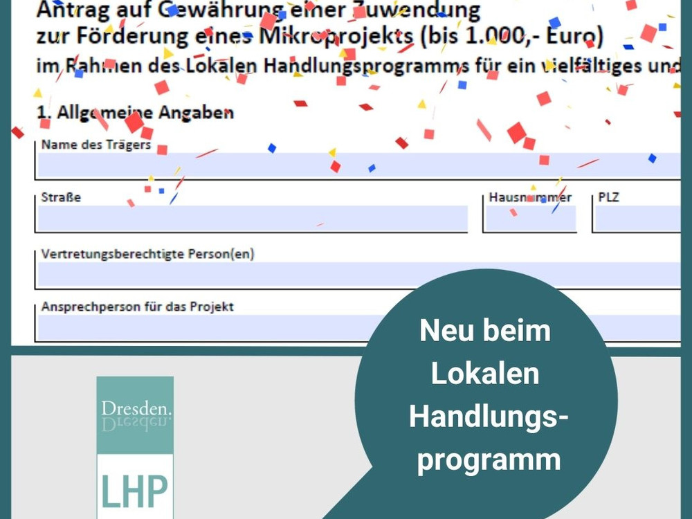 KI generiert: Das Bild zeigt ein Logo mit dem Text "Dresden. Direkt gegeben" und eine Sprechblase mit der Aufschrift "Neu beim Lokalen Handlungsprogramm". Der Hauptinhalt des Bildes ist die Ankündigung einer Neuigkeit im Zusammenhang mit dem Lokalen Handlungsprogramm in Dresden.