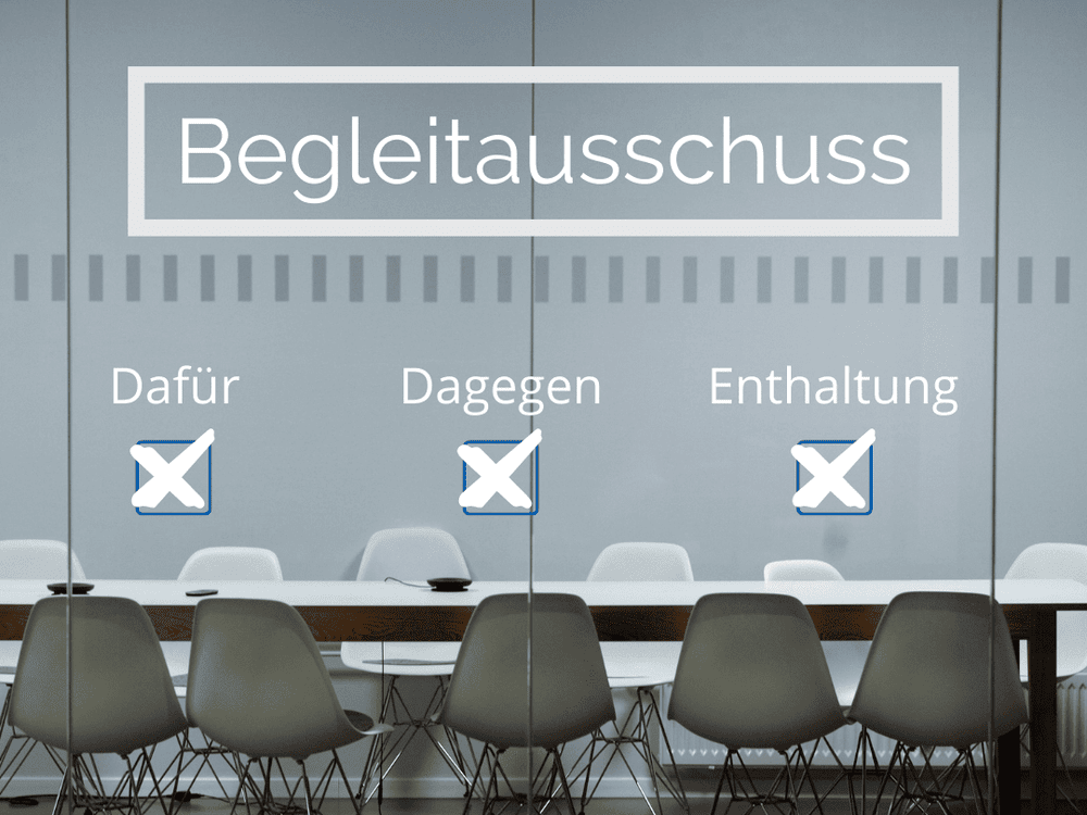 KI generiert: Das Bild zeigt einen leeren Besprechungsraum mit mehreren Stühlen und einem Tisch. An der Glaswand im Hintergrund sind die Wörter "Dafür", "Dagegen" und "Enthaltung" mit jeweils einem leeren Kästchen daneben zu sehen.