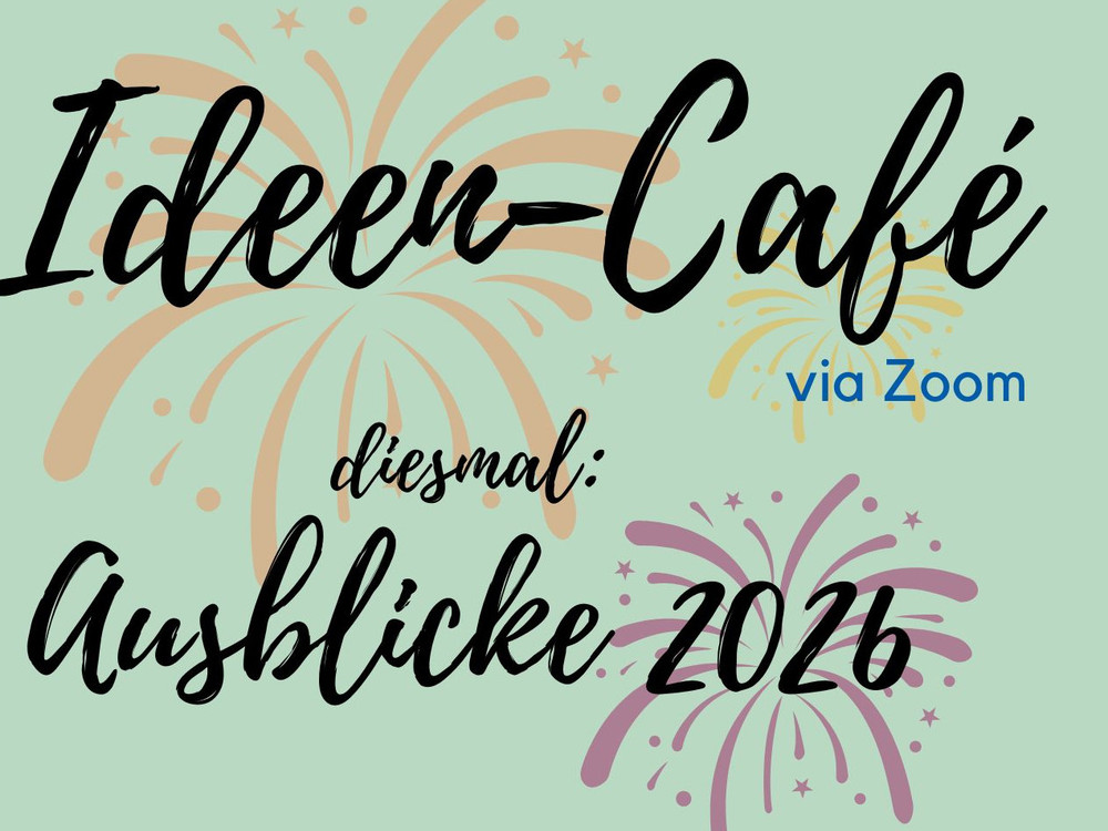 KI generiert: Das Bild zeigt den Schriftzug "Ideen-Café" in einer kreativen, handschriftlichen Schriftart auf einem hellgrünen Hintergrund mit farbenfrohen, abstrakten Pinselstrichen. Der Hauptinhalt des Bildes ist der Name "Ideen-Café", der im Mittelpunkt steht.