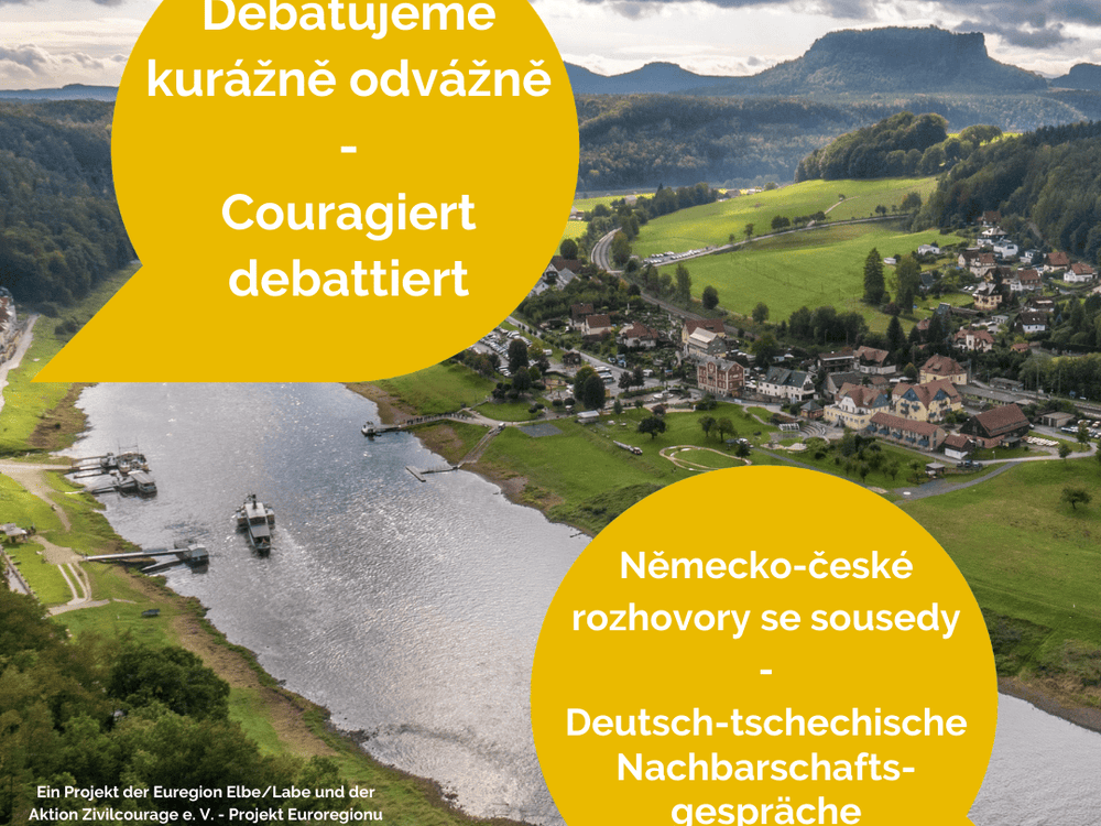 KI generiert: Das Bild zeigt eine Wahlurne mit einem durchgestrichenen Wahlzettel, was auf eine Wahl oder Abstimmung hinweist. Im Hintergrund sind zwei Sprechblasen mit Texten in verschiedenen Sprachen (Französisch und Tschechisch/Deutsch), die zum Debattieren und Nachdenken über Europa auffordern.