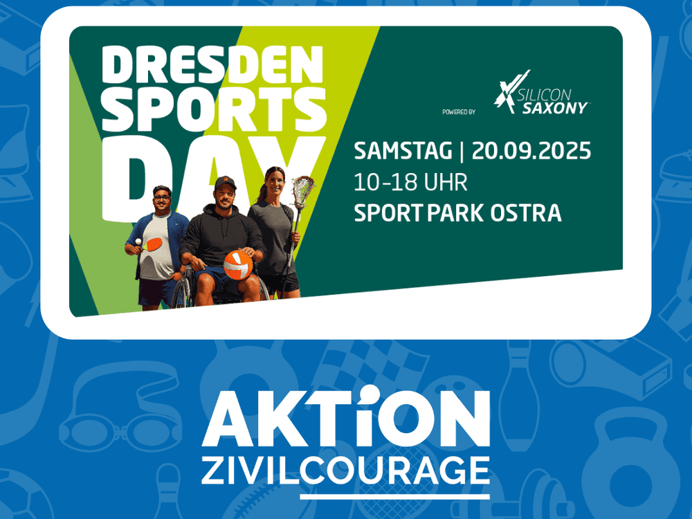 KI generiert: Das Bild wirbt für den "Dresden Sports Day", der am Samstag, den 20. September 2025, von 10 bis 18 Uhr im Sportpark Ostra stattfindet. Der Hauptinhalt ist die Ankündigung dieses Sportevents, das von Silicon Saxony unterstützt wird und Teil der Aktion Zivilcourage ist.