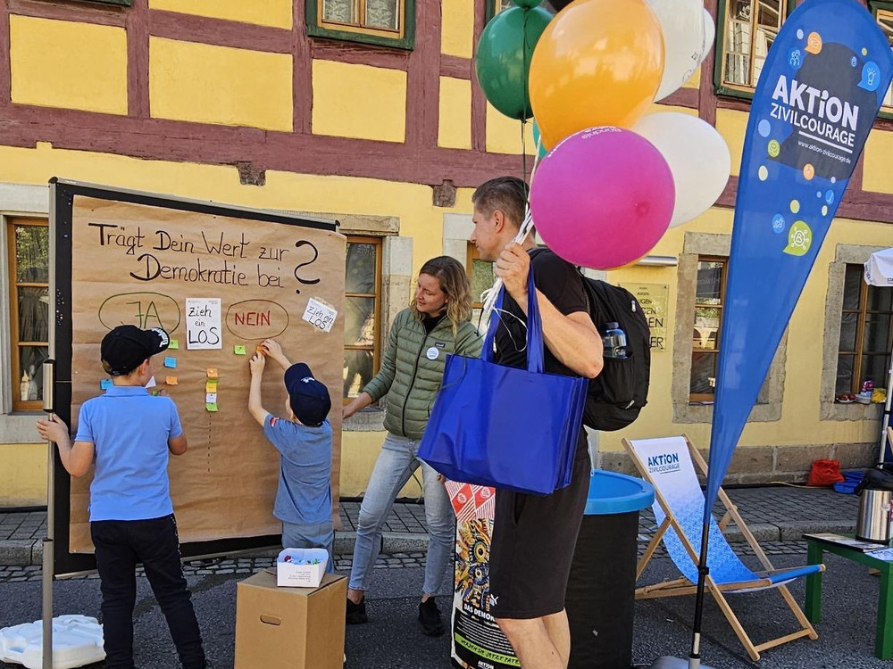 KI generiert: Das Bild zeigt eine Gruppe von Menschen, die vor einem Stand mit dem Schriftzug "AKTION" posieren. Es handelt sich vermutlich um eine Veranstaltung oder ein Event, bei dem die Teilnehmer gemeinsam ein Foto machen.