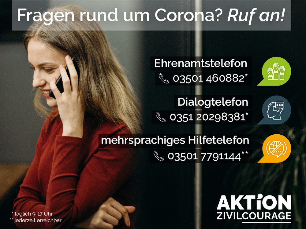 KI generiert: Das Bild zeigt eine Frau, die ein Telefonat führt, und enthält Informationen zu verschiedenen Telefonhotlines für Fragen rund um das Coronavirus. Die Hotlines umfassen ein Ehrenamtstelefon, ein Dialogtelefon und ein mehrsprachiges Hilfetelefon, die von der Aktion Zivilcourage bereitgestellt werden.